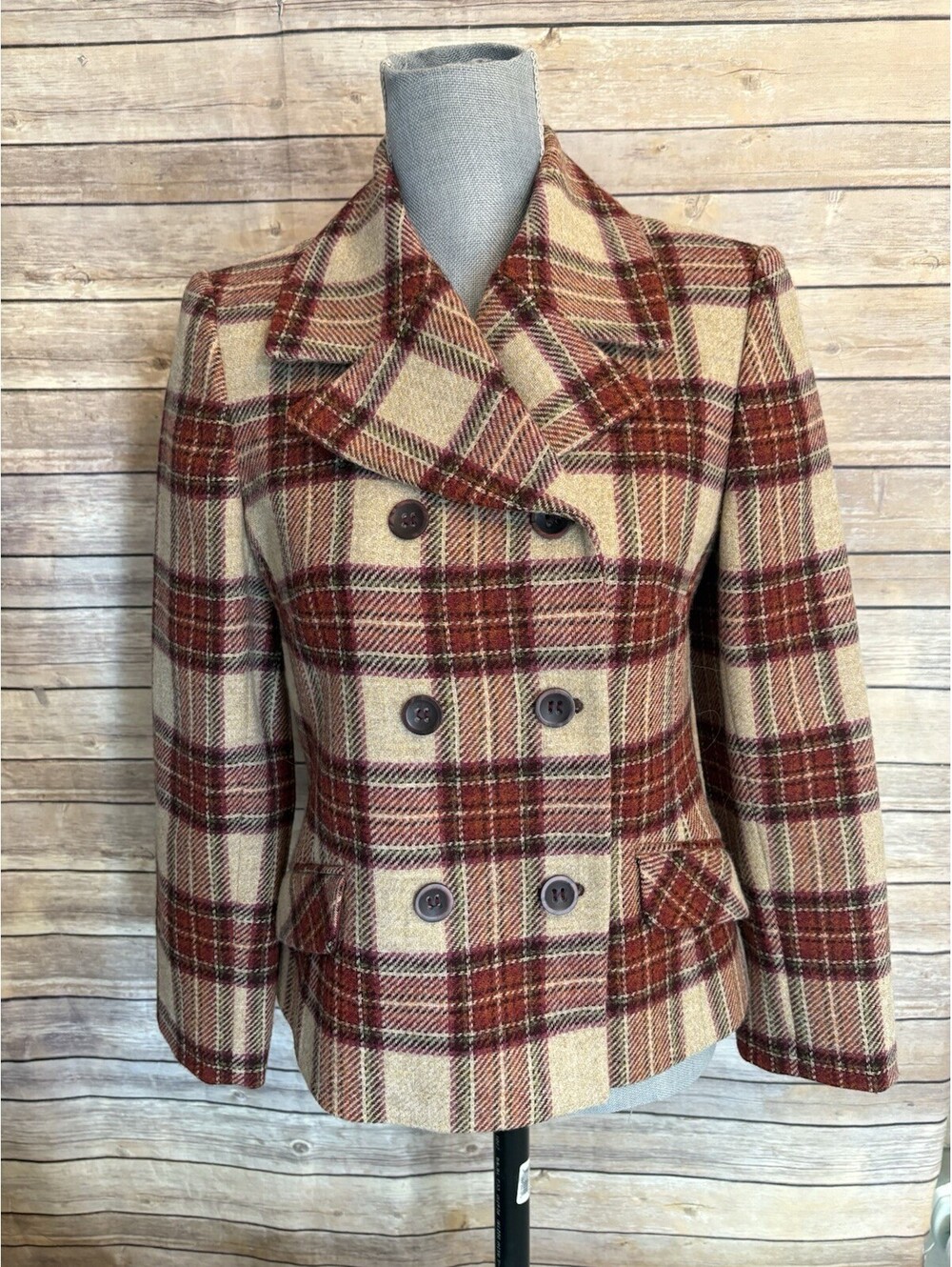 Laura Ashley 1990's 100% pure new Wool Plaid Blazer Tan Red Brown women's size 6